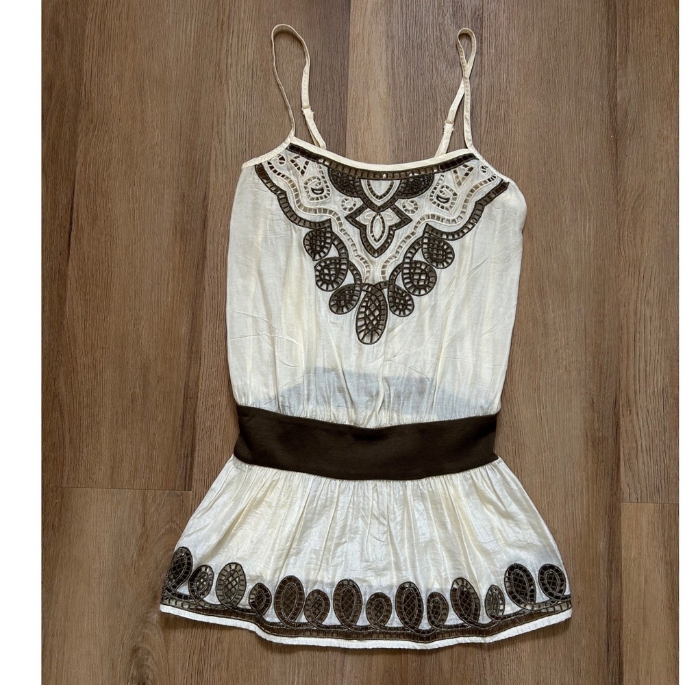 Vtg forever 21 Boho Festival Crochet Peplum Camisole‎ Top Cream Brown L hippy